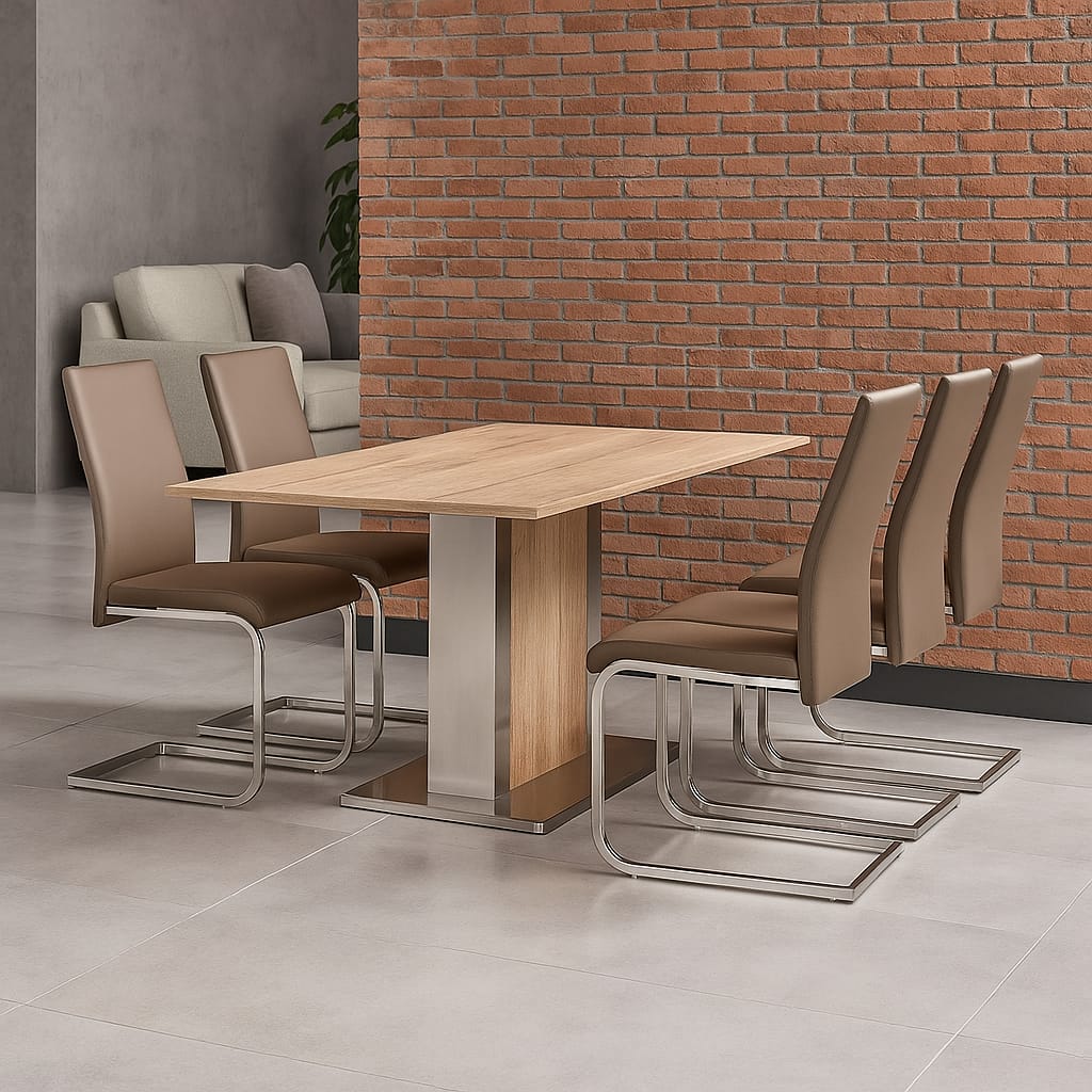 Oak Effect Pedestal Dining Table with Taupe Faux Leather Cantilever Chairs